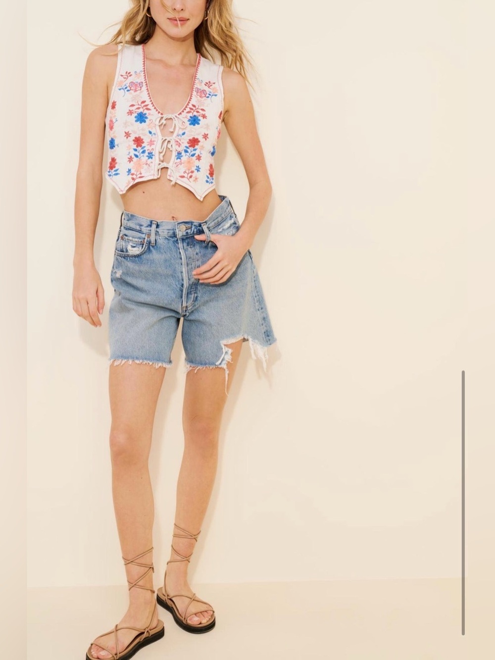 Free People In Bloom Embroidered Tie Front Vest Ivory Combo S